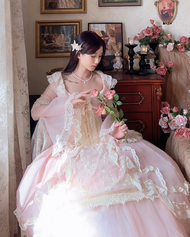 Sweet V Neck Pink Prom Dress Lace Long Sleeve A-Line Evening Dress C8173