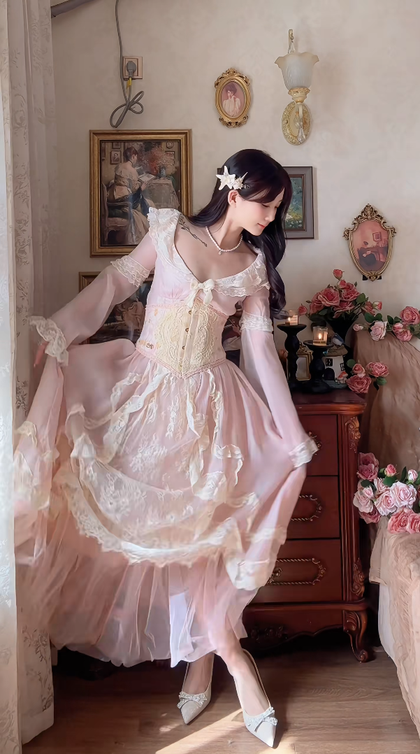 Sweet V Neck Pink Prom Dress Lace Long Sleeve A-Line Evening Dress C8173