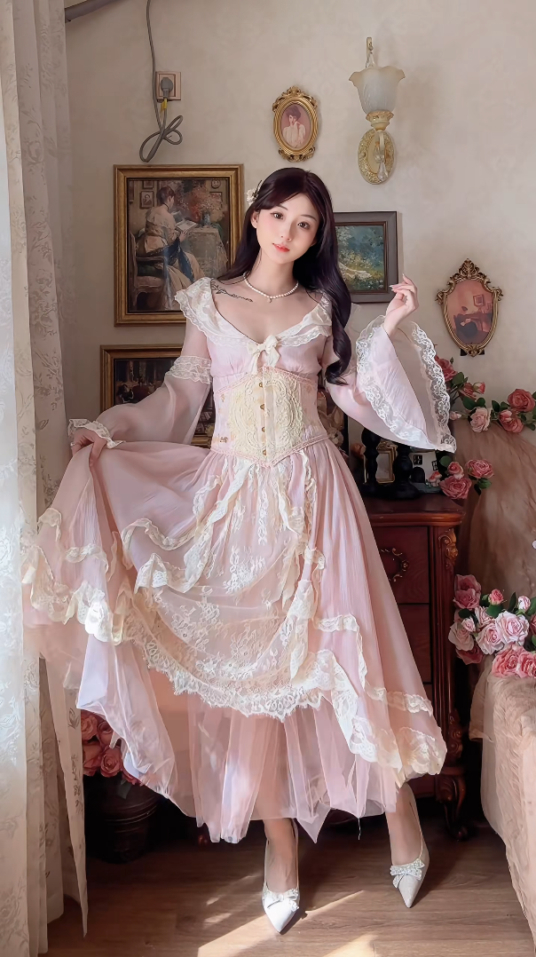 Sweet V Neck Pink Prom Dress Lace Long Sleeve A-Line Evening Dress C8173
