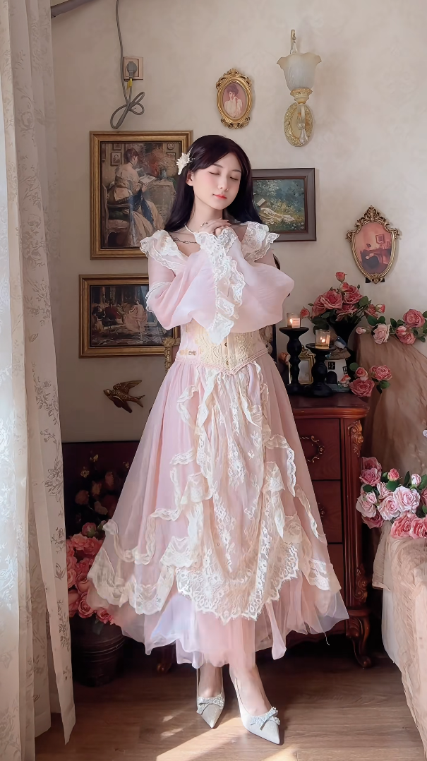 Sweet V Neck Pink Prom Dress Lace Long Sleeve A-Line Evening Dress C8173