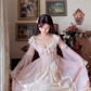 Sweet V Neck Pink Prom Dress Lace Long Sleeve A-Line Evening Dress C8173