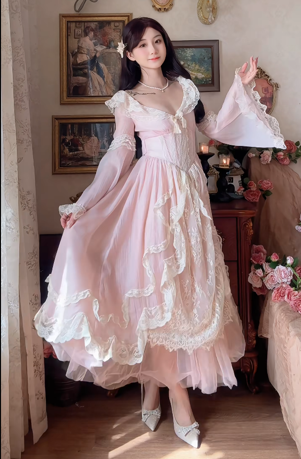 Sweet V Neck Pink Prom Dress Lace Long Sleeve A-Line Evening Dress C8173
