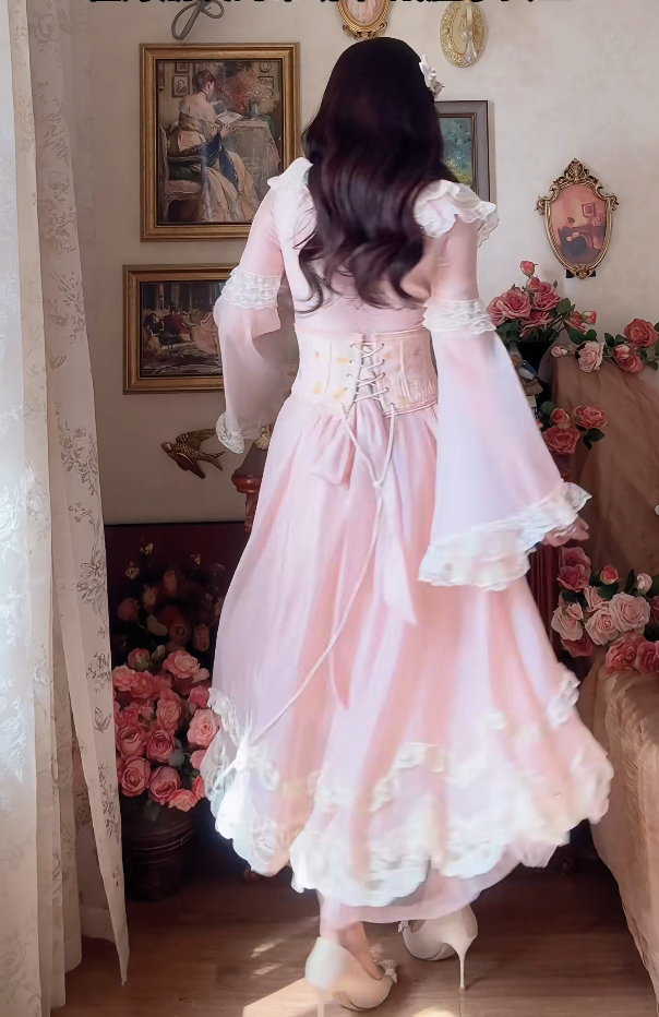 Sweet V Neck Pink Prom Dress Lace Long Sleeve A-Line Evening Dress C8173