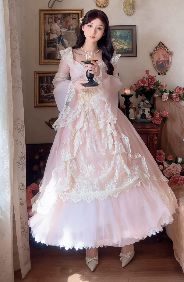 Sweet V Neck Pink Prom Dress Lace Long Sleeve A-Line Evening Dress C8173
