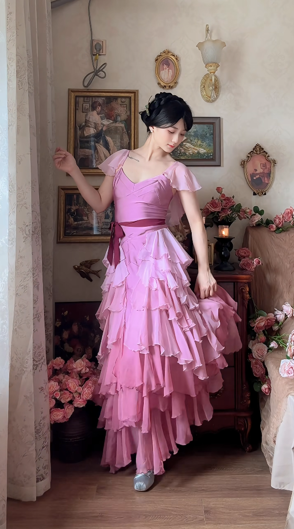 Robe de bal de princesse bustier à volants en satin long, robe de soirée C8117