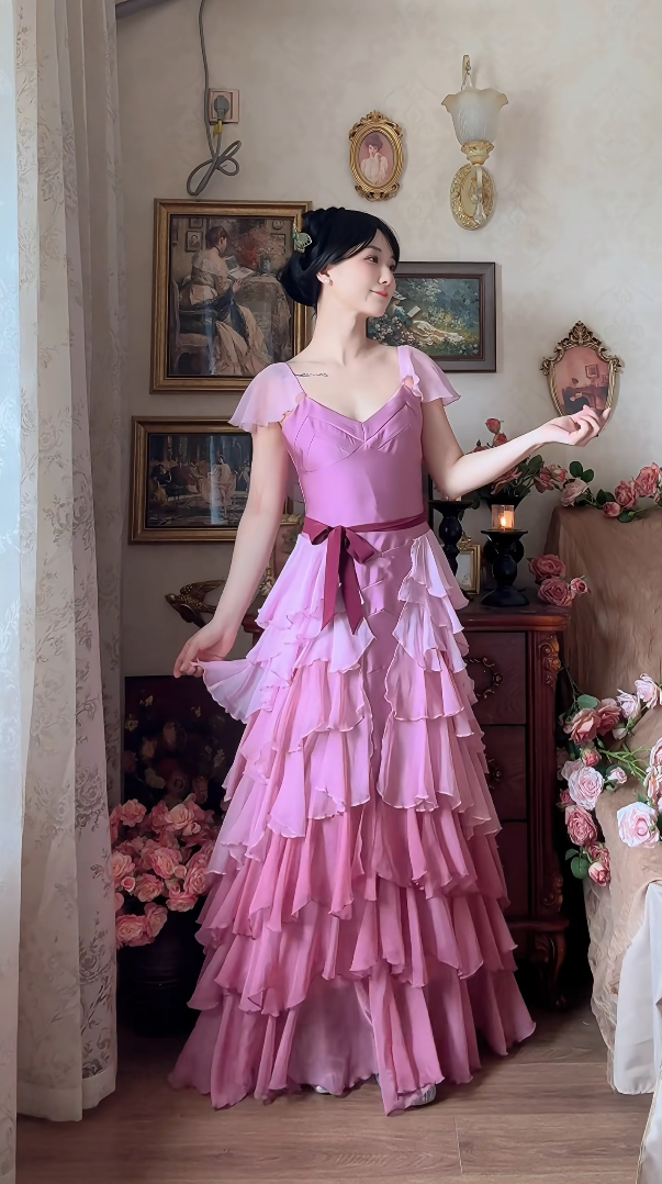Robe de bal de princesse bustier à volants en satin long, robe de soirée C8117