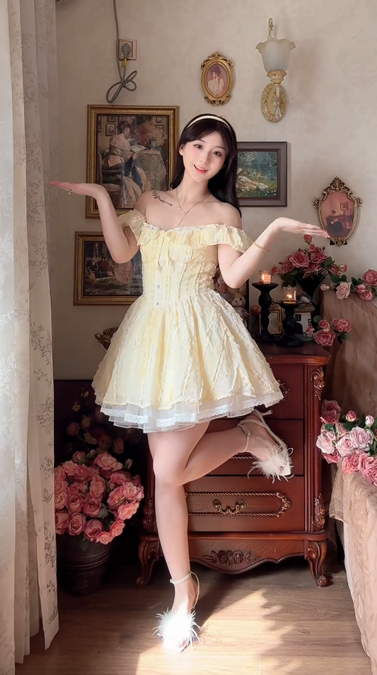 Adorable Yellow Homecoming Dress Off-the-Shoulder A-Line Birthday Dress C8175