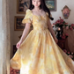 Sleek Short Sleeve Yellow Prom Dress Flowy A-Line Evening Dress C8176