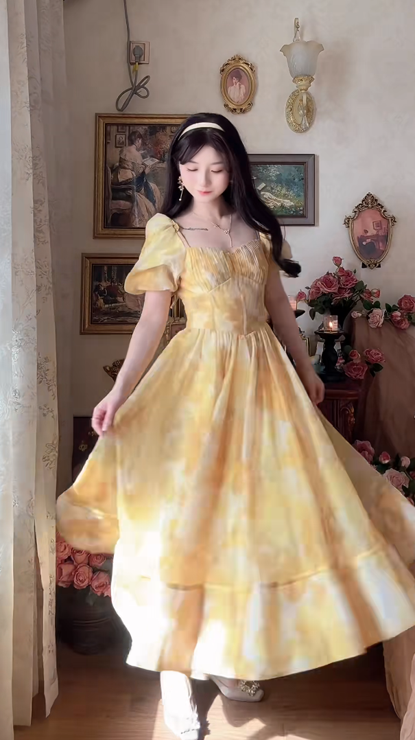 Sleek Short Sleeve Yellow Prom Dress Flowy A-Line Evening Dress C8176