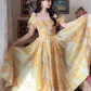 Sleek Short Sleeve Yellow Prom Dress Flowy A-Line Evening Dress C8176