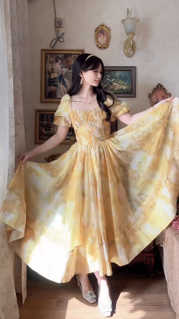 Sleek Short Sleeve Yellow Prom Dress Flowy A-Line Evening Dress C8176