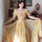 Sleek Short Sleeve Yellow Prom Dress Flowy A-Line Evening Dress C8176