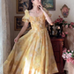 Sleek Short Sleeve Yellow Prom Dress Flowy A-Line Evening Dress C8176