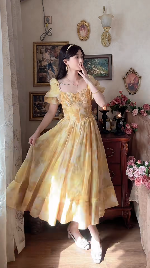 Sleek Short Sleeve Yellow Prom Dress Flowy A-Line Evening Dress C8176