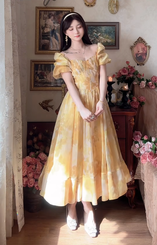 Sleek Short Sleeve Yellow Prom Dress Flowy A-Line Evening Dress C8176