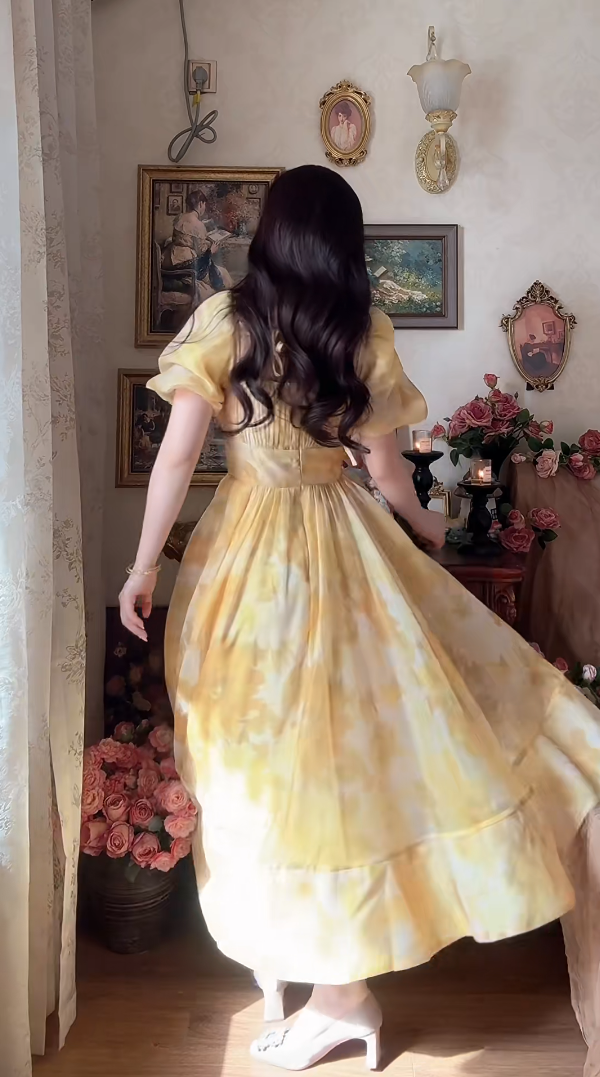 Sleek Short Sleeve Yellow Prom Dress Flowy A-Line Evening Dress C8176