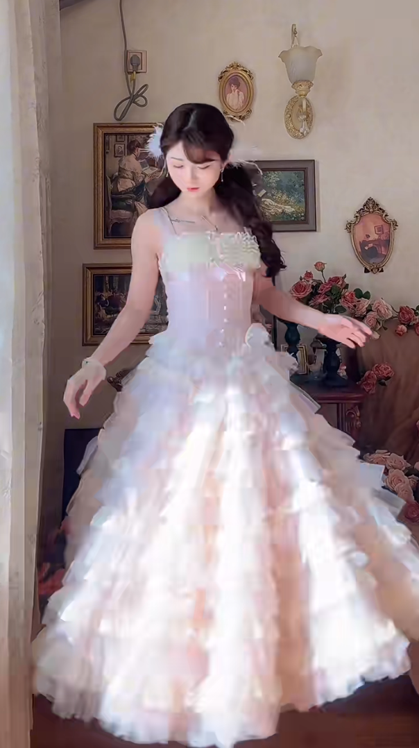 Robe de bal de princesse bustier à volants en satin long, robe de soirée C8117