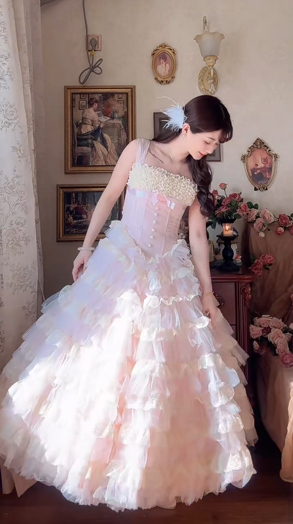 Robe de bal de princesse bustier à volants en satin long, robe de soirée C8117