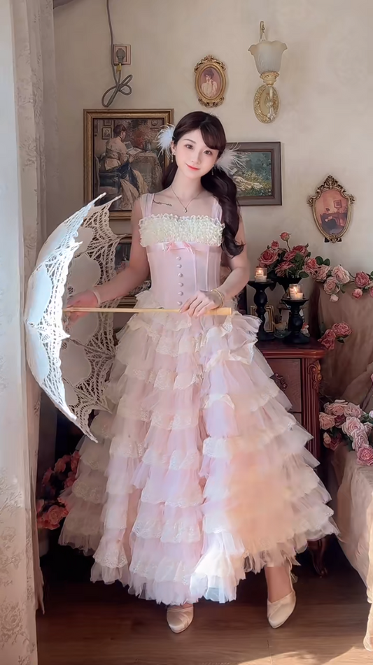 Lovely Spaghetti Straps Pink Prom Dress Tiered Lace A-Line Evening Dress C8178