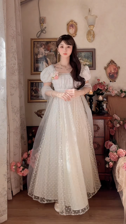 Elegant A-Line White Prom Dress With Scarf Polka Dots Short Sleeve Evening Dress C8181
