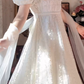 Elegant A-Line White Prom Dress With Scarf Polka Dots Short Sleeve Evening Dress C8181