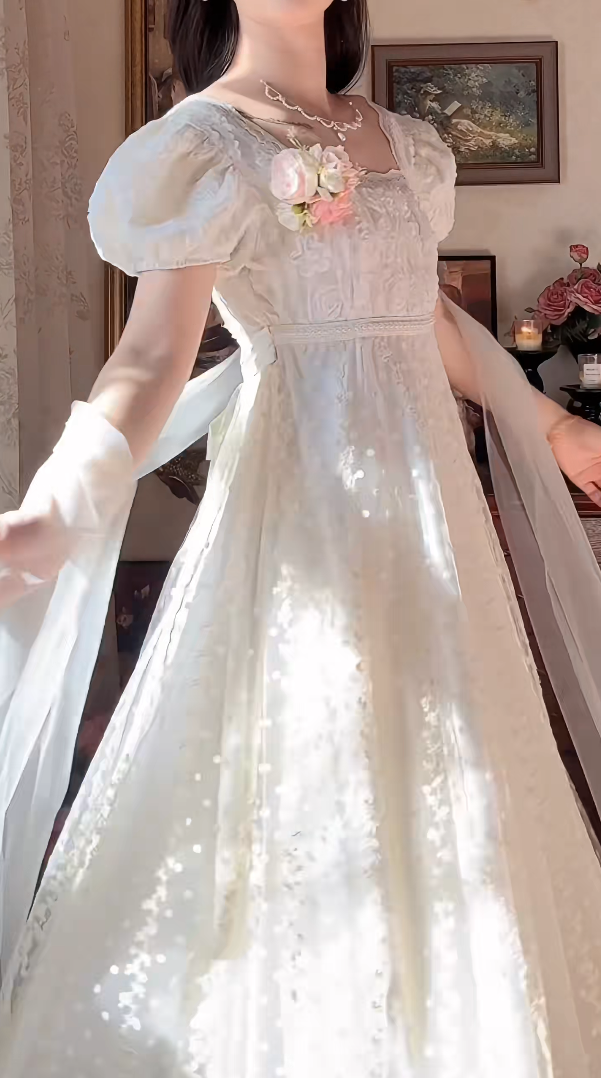 Elegant A-Line White Prom Dress With Scarf Polka Dots Short Sleeve Evening Dress C8181