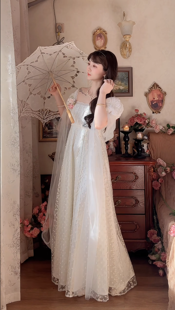 Elegant A-Line White Prom Dress With Scarf Polka Dots Short Sleeve Evening Dress C8181