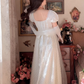 Elegant A-Line White Prom Dress With Scarf Polka Dots Short Sleeve Evening Dress C8181