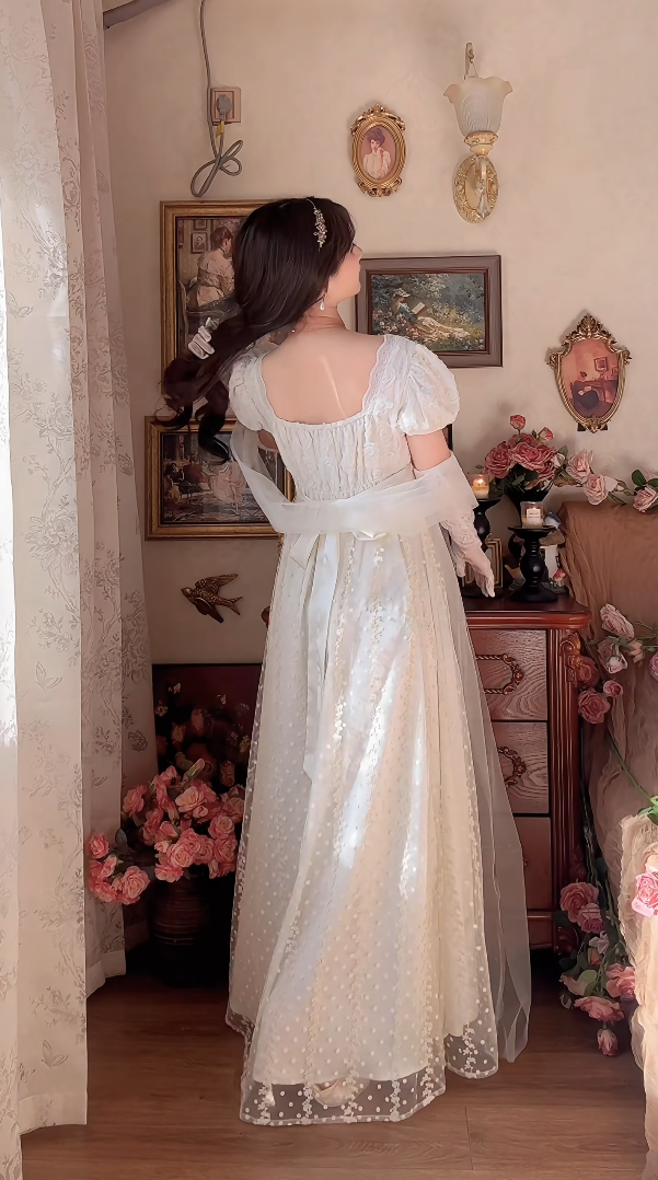 Elegant A-Line White Prom Dress With Scarf Polka Dots Short Sleeve Evening Dress C8181