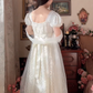Elegant A-Line White Prom Dress With Scarf Polka Dots Short Sleeve Evening Dress C8181