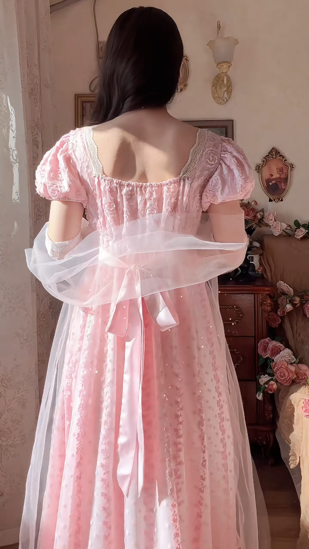 Lovely A-Line Pink Prom Dress With Scarf Floral Short Sleeve Evening Dress C8183