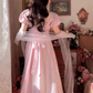 Lovely A-Line Pink Prom Dress With Scarf Floral Short Sleeve Evening Dress C8183