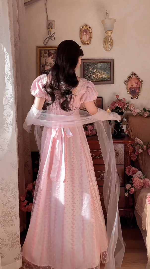 Lovely A-Line Pink Prom Dress With Scarf Floral Short Sleeve Evening Dress C8183