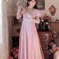 Lovely A-Line Pink Prom Dress With Scarf Floral Short Sleeve Evening Dress C8183