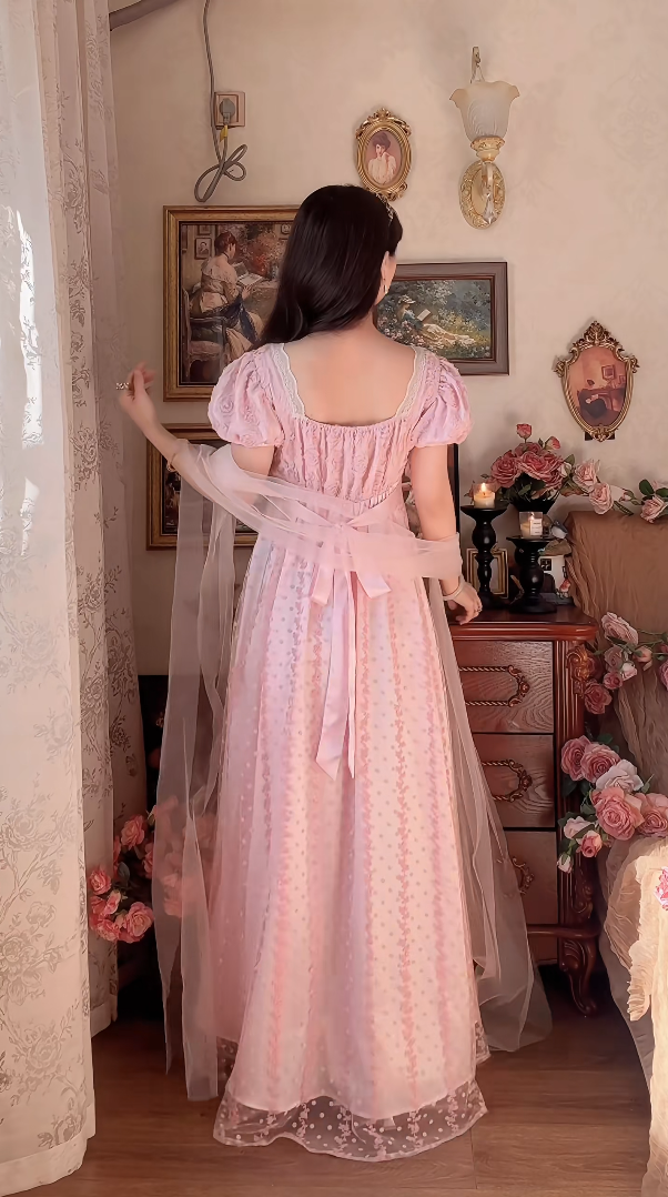 Lovely A-Line Pink Prom Dress With Scarf Floral Short Sleeve Evening Dress C8183