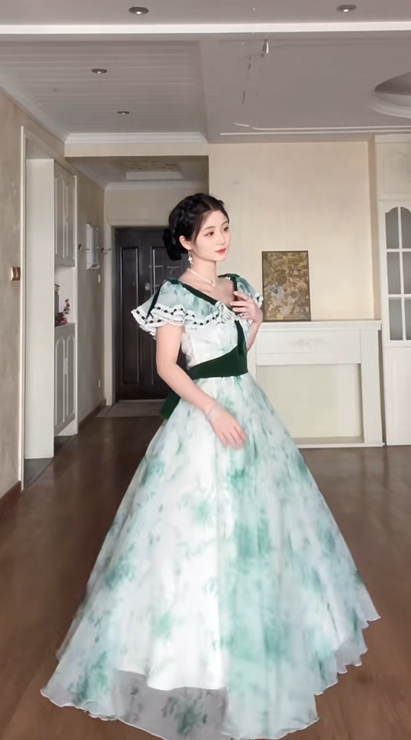 Graceful V Neck A-Line Green Prom Dress Velvet Bow Tulle  Evening Gown C8195