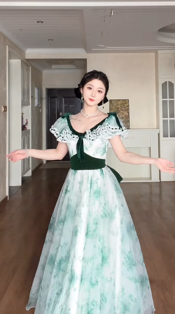 Graceful V Neck A-Line Green Prom Dress Velvet Bow Tulle  Evening Gown C8195