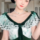 Graceful V Neck A-Line Green Prom Dress Velvet Bow Tulle  Evening Gown C8195