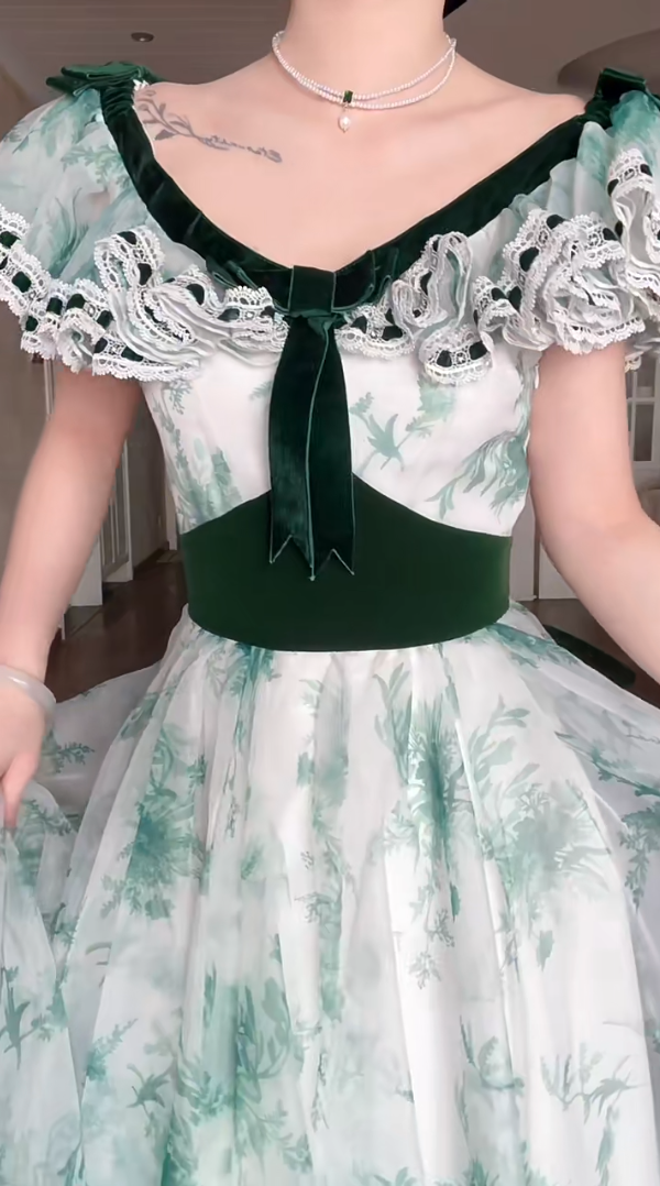 Graceful V Neck A-Line Green Prom Dress Velvet Bow Tulle  Evening Gown C8195