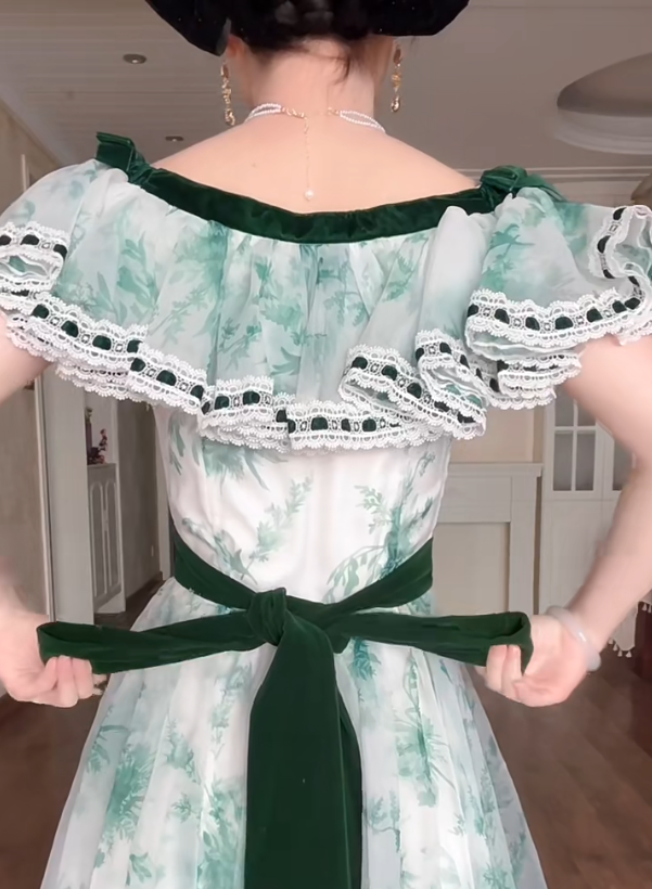 Graceful V Neck A-Line Green Prom Dress Velvet Bow Tulle  Evening Gown C8195