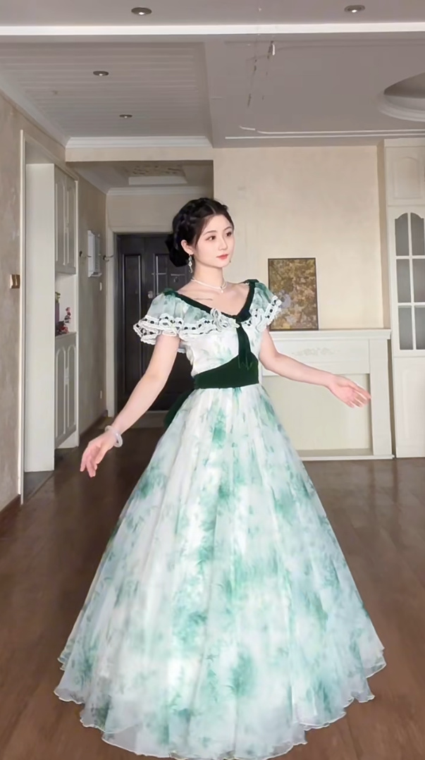 Graceful V Neck A-Line Green Prom Dress Velvet Bow Tulle  Evening Gown C8195