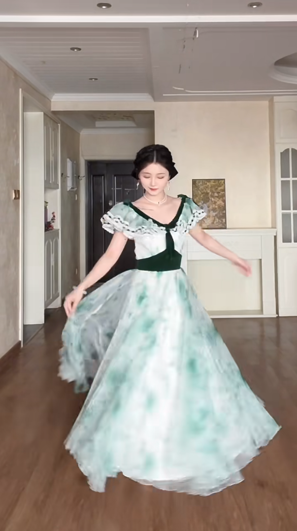 Graceful V Neck A-Line Green Prom Dress Velvet Bow Tulle  Evening Gown C8195