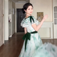 Graceful V Neck A-Line Green Prom Dress Velvet Bow Tulle  Evening Gown C8195