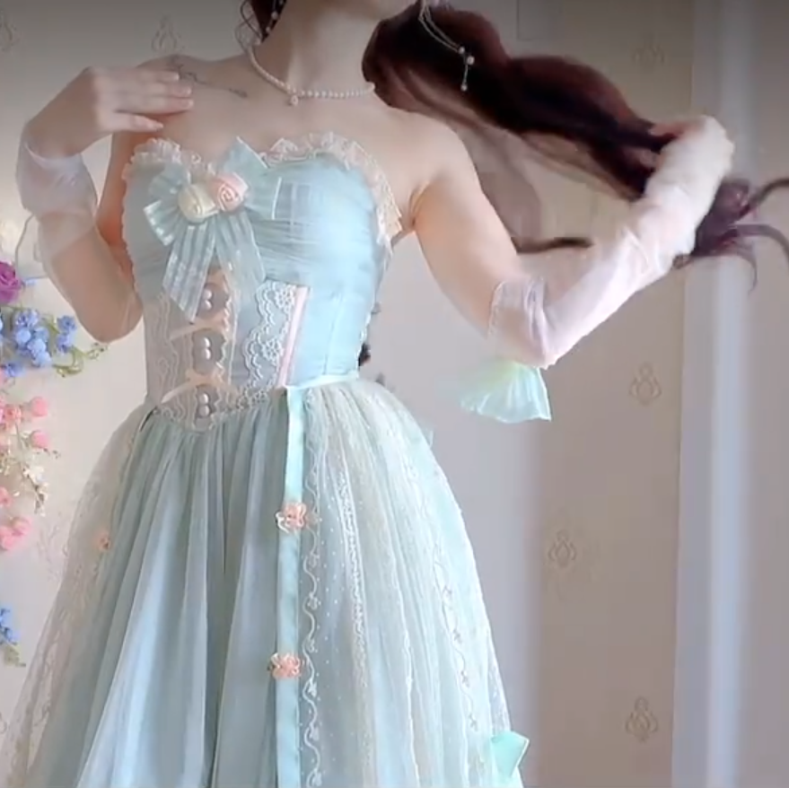 Charming Strapless Mint Green Homecoming Dress Lace Bows A-Line Birthday Dress C8197