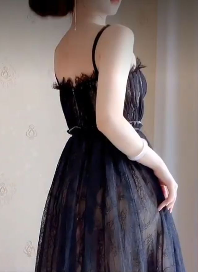 Sexy Spaghetti Straps Black Prom Dress  Lace Tulle A-Line Evening Dress C8199