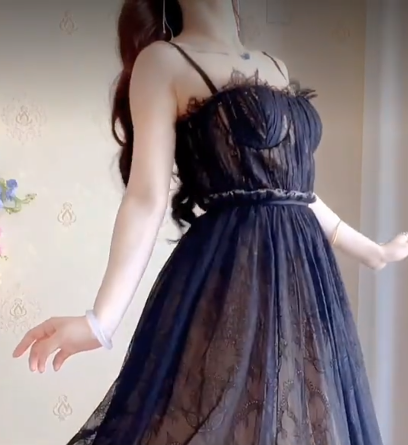 Sexy Spaghetti Straps Black Prom Dress  Lace Tulle A-Line Evening Dress C8199