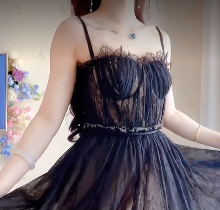 Sexy Spaghetti Straps Black Prom Dress  Lace Tulle A-Line Evening Dress C8199