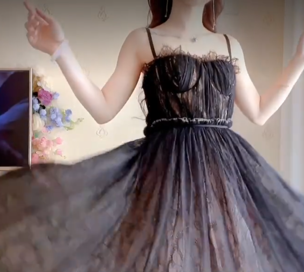 Sexy Spaghetti Straps Black Prom Dress  Lace Tulle A-Line Evening Dress C8199