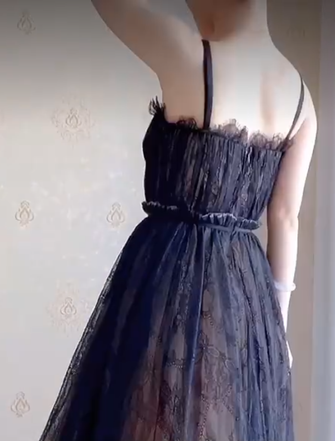 Sexy Spaghetti Straps Black Prom Dress  Lace Tulle A-Line Evening Dress C8199