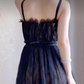 Sexy Spaghetti Straps Black Prom Dress  Lace Tulle A-Line Evening Dress C8199
